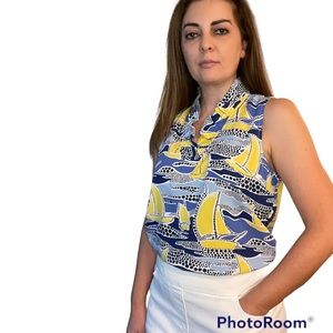 Crown & Ivy Blue and Yellow Printed Boats Sleeveless Blouse Top PL